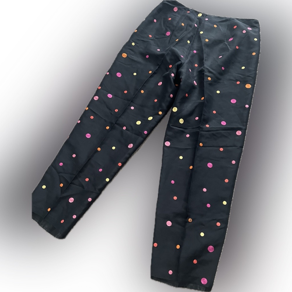 VINTAGE 100% Silk Multicolor Polka Dot Black Pants By S.L.B. Size 8. - Picture 10 of 14